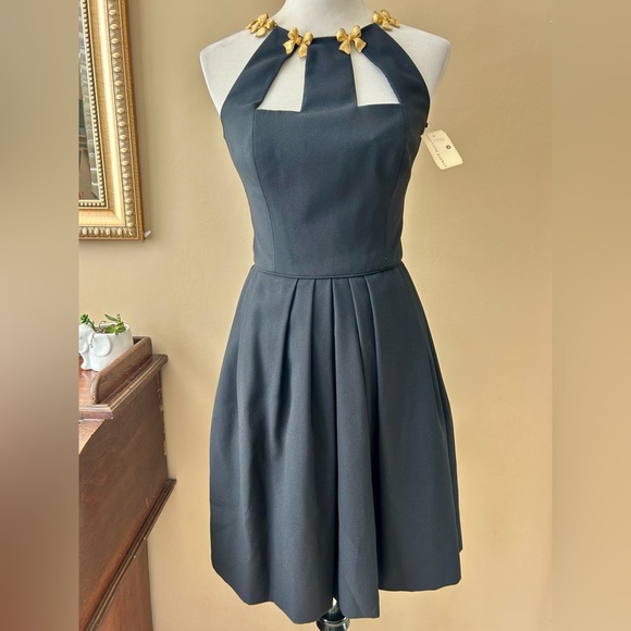 A.J. Bari Vintage Black Mini Dress Fit Flare Cage Cutout Gold Bow Detail 4 NWT - Picture 14 of 14